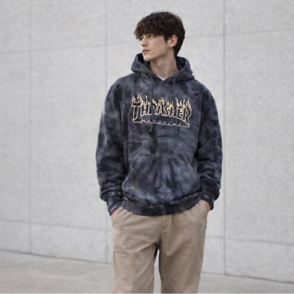 Thrasher Limited Ed. Flame Logo Dyenomite Hand Dyed Tie Dye Hoodie Black Gray M